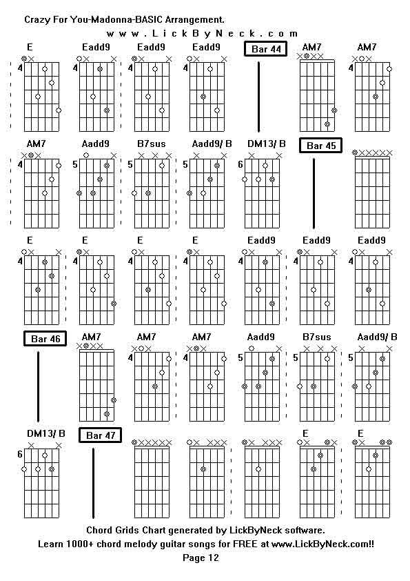 Chord Grids Chart of chord melody fingerstyle guitar song-Crazy For You-Madonna-BASIC Arrangement,generated by LickByNeck software.